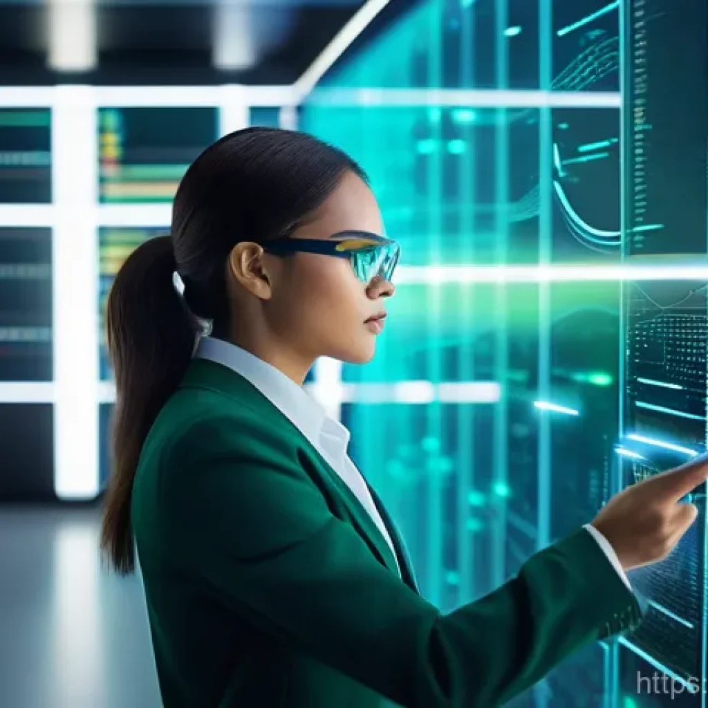 지식 합성의 도전 과제 극복하기 - A focused person, a woman in professional attire, standing in a brightly lit, futuristic digital lib...