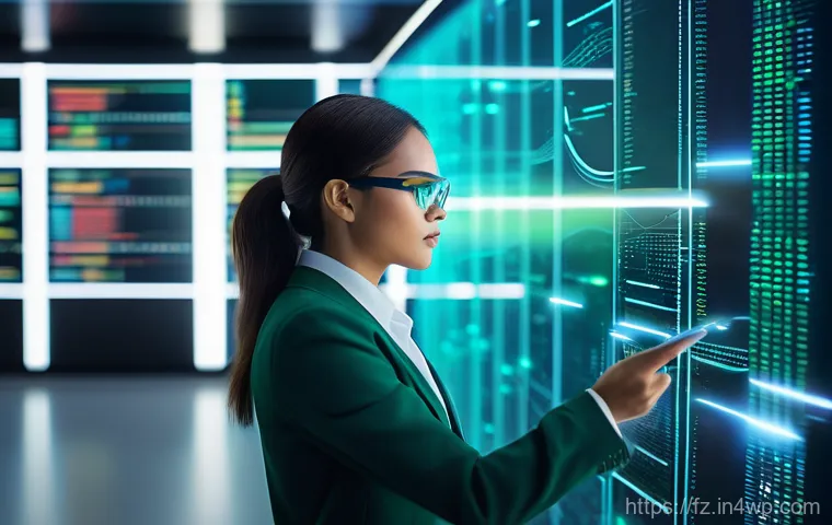 지식 합성의 도전 과제 극복하기 - A focused person, a woman in professional attire, standing in a brightly lit, futuristic digital lib...
