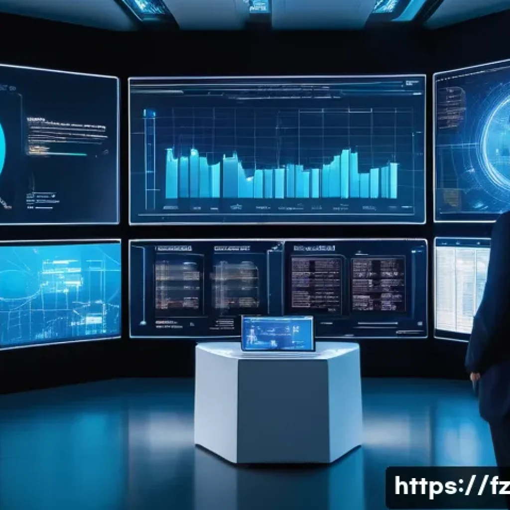 지식 합성 과정의 도전과제 - A high-tech data fusion control room with multiple large transparent digital screens displaying hete...