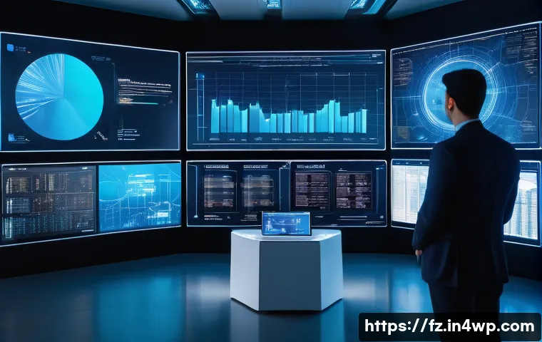 지식 합성 과정의 도전과제 - A high-tech data fusion control room with multiple large transparent digital screens displaying hete...