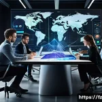 지식 합성의 실질적 이점 - A modern office setting with diverse professionals collaborating around a large digital touchscreen ...
