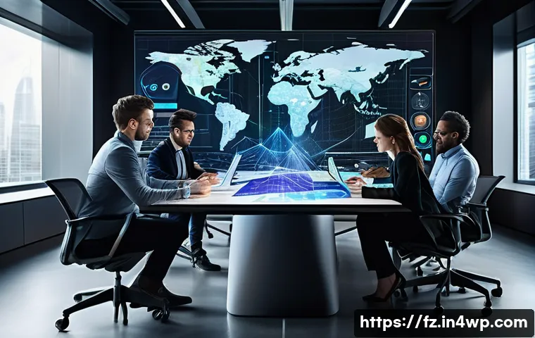 지식 합성의 실질적 이점 - A modern office setting with diverse professionals collaborating around a large digital touchscreen ...