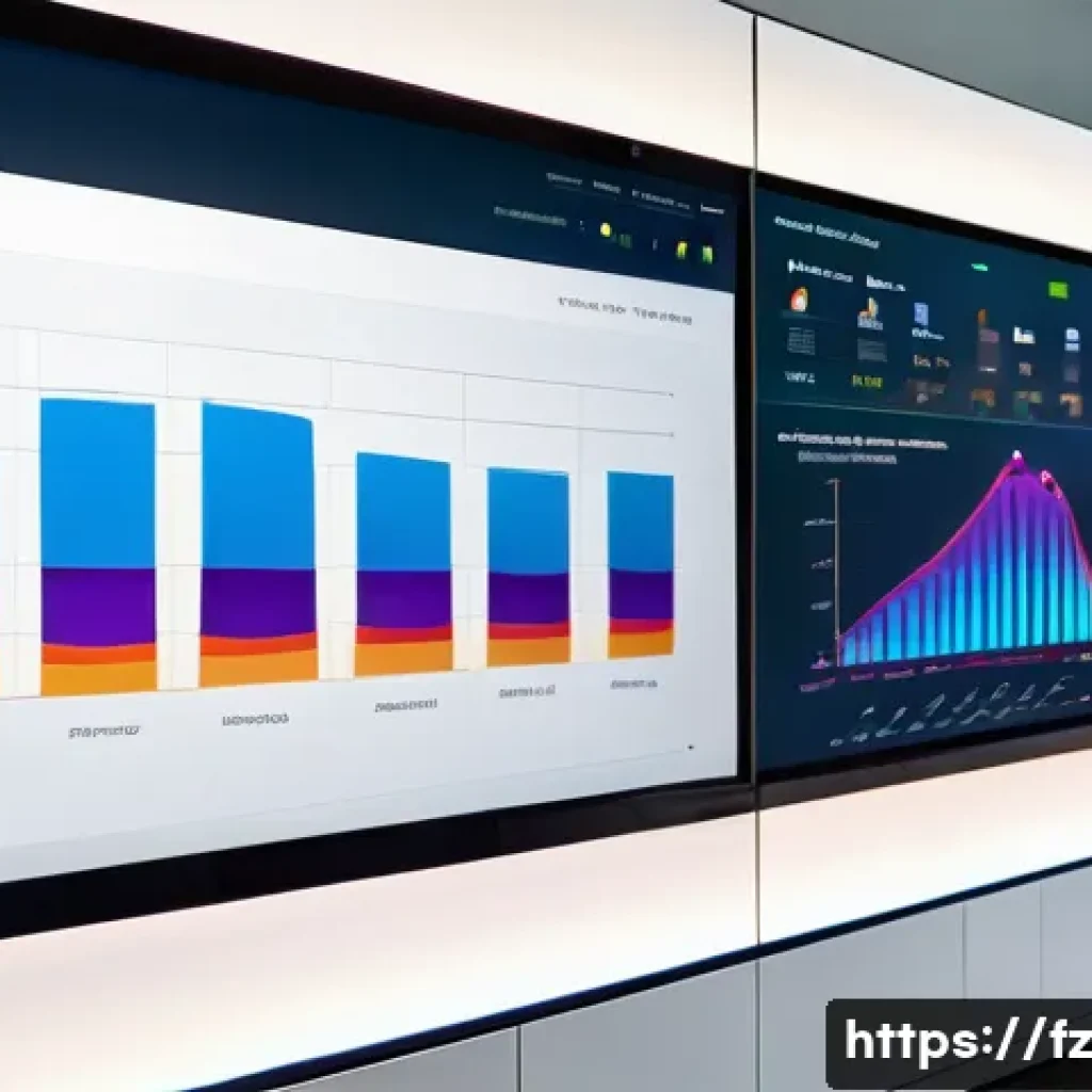 지식 합성을 위한 데이터 시각화 기법 - A detailed interactive data visualization dashboard on a large high-resolution screen, featuring col...