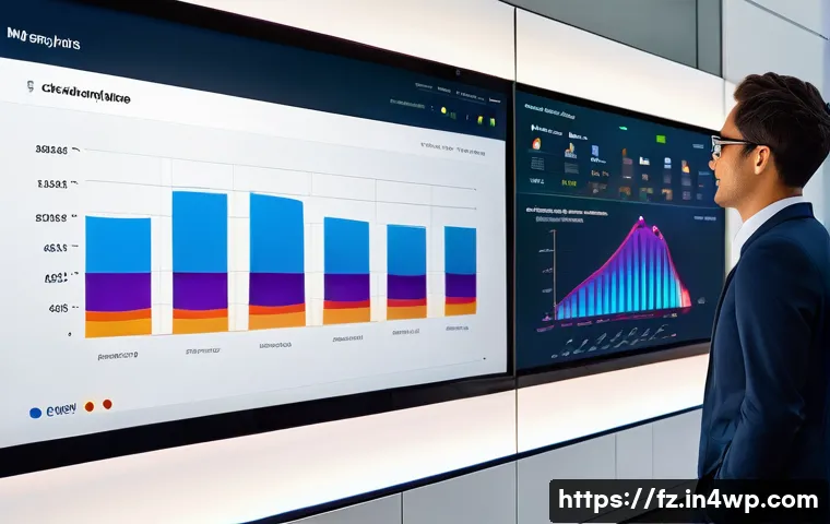 지식 합성을 위한 데이터 시각화 기법 - A detailed interactive data visualization dashboard on a large high-resolution screen, featuring col...