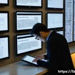 지식 합성 능력 개발을 위한 자원 추천 - A modern digital archive workspace scene showing a researcher using a large touchscreen display fill...