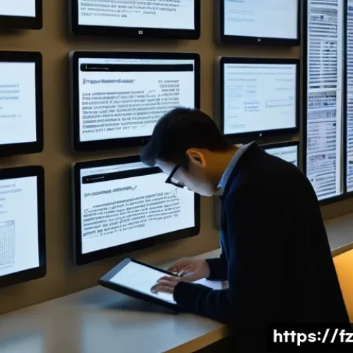 지식 합성 능력 개발을 위한 자원 추천 - A modern digital archive workspace scene showing a researcher using a large touchscreen display fill...