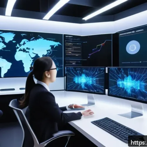 지식 합성을 위한 데이터 분석 기술 - A futuristic data analytics control room filled with large transparent digital screens displaying co...