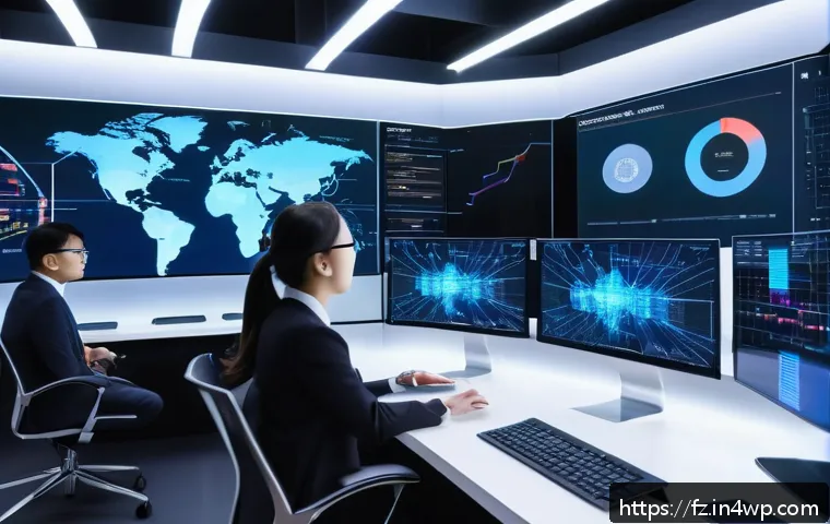 지식 합성을 위한 데이터 분석 기술 - A futuristic data analytics control room filled with large transparent digital screens displaying co...