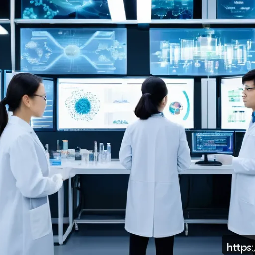 지식 합성의 글로벌 트렌드 - A futuristic laboratory scene showcasing AI-driven pharmaceutical research: scientists collaborating...