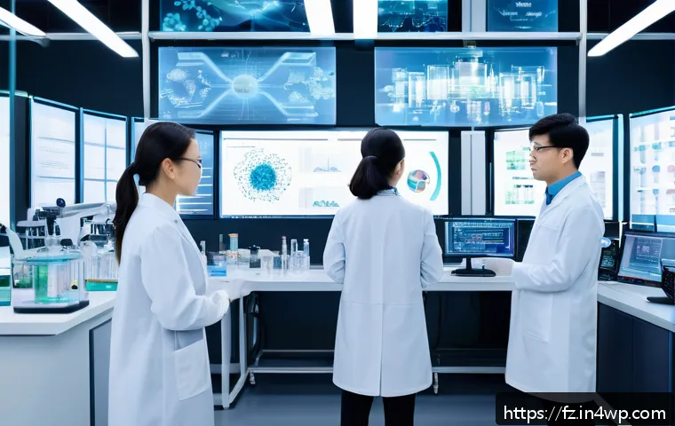지식 합성의 글로벌 트렌드 - A futuristic laboratory scene showcasing AI-driven pharmaceutical research: scientists collaborating...