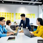 지식 합성 능력 향상을 위한 그룹 활동 - A diverse professional team engaged in a dynamic brainstorming session in a modern office, featuring...