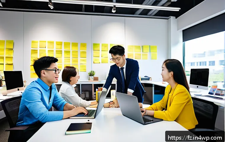 지식 합성 능력 향상을 위한 그룹 활동 - A diverse professional team engaged in a dynamic brainstorming session in a modern office, featuring...