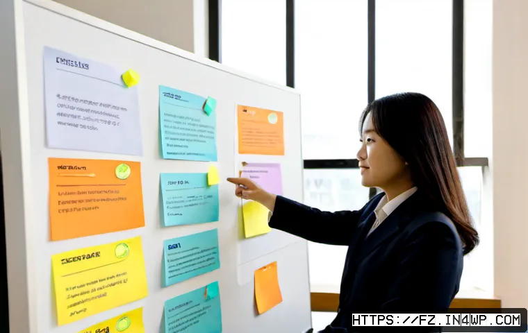 지식 합성 능력 개발을 위한 지속적 피드백 - Photorealistic modern mentoring session, a focused adult professional reviewing a visual project boa...